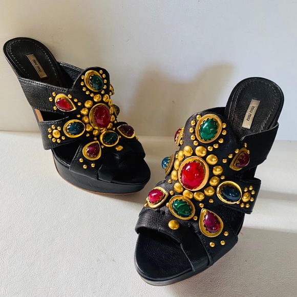 $750 MIU MIU Multicolor Stone Stud Platform 38.5 - Picture 1 of 16